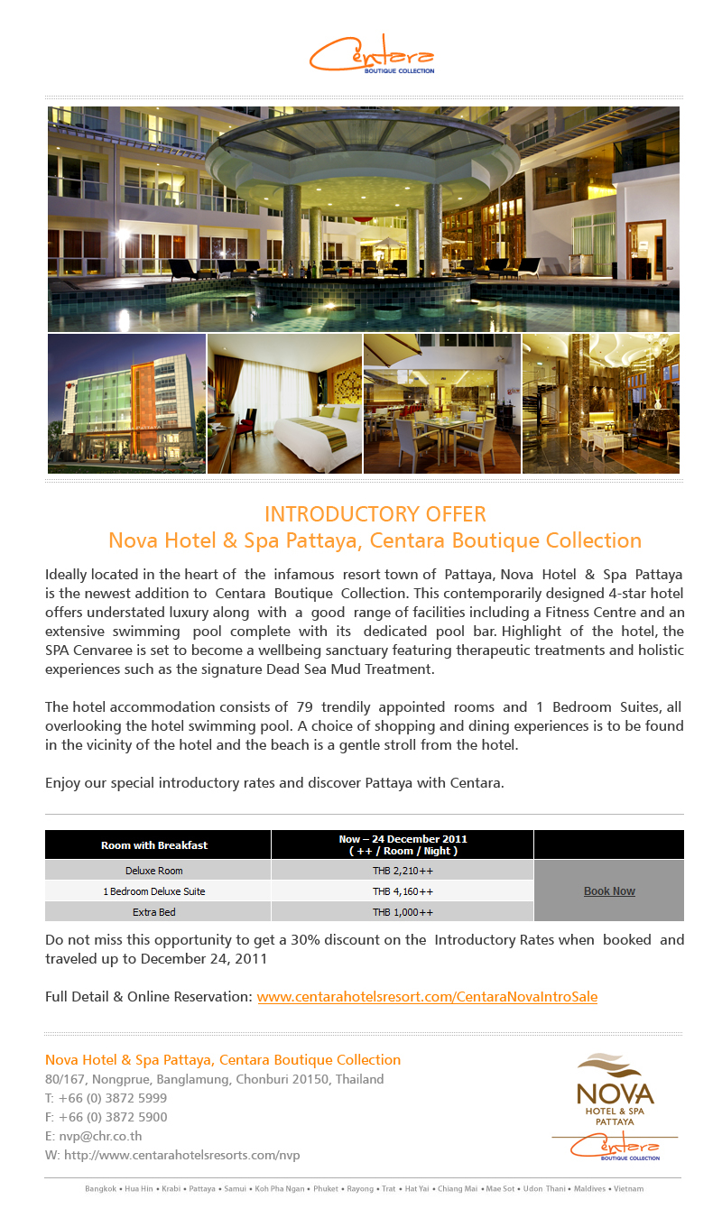 INTRODUCTORY OFFER FREE 30% Discount from Nova Hotel & Spa Pattaya, Centara Boutique Collection