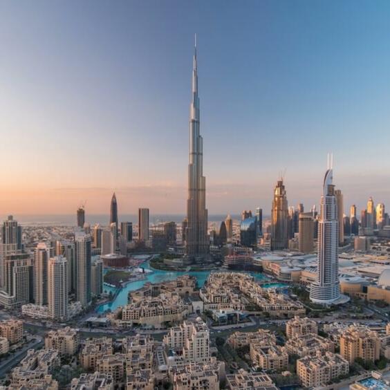 An aerial view from downtown Dubai of Burj Khalifa 