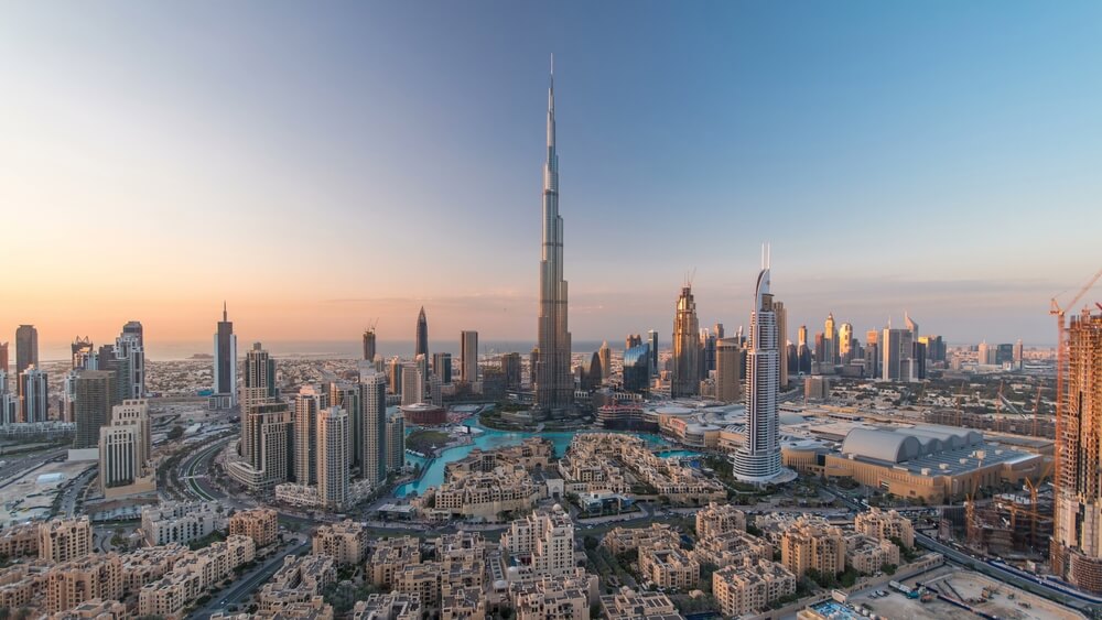 An aerial view from downtown Dubai of Burj Khalifa 